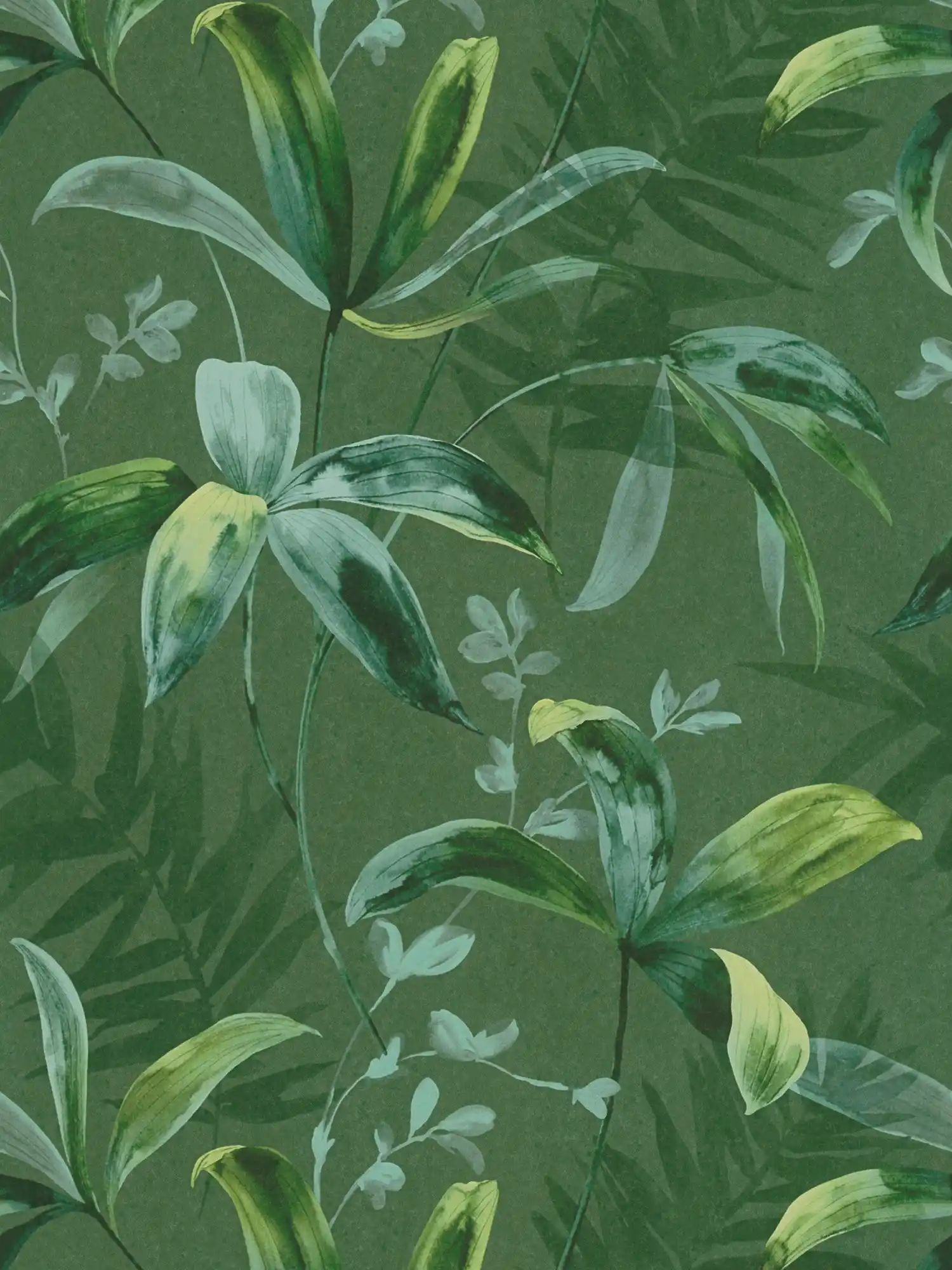Non-woven wallpaper green leaves pattern in watercolour style - green
