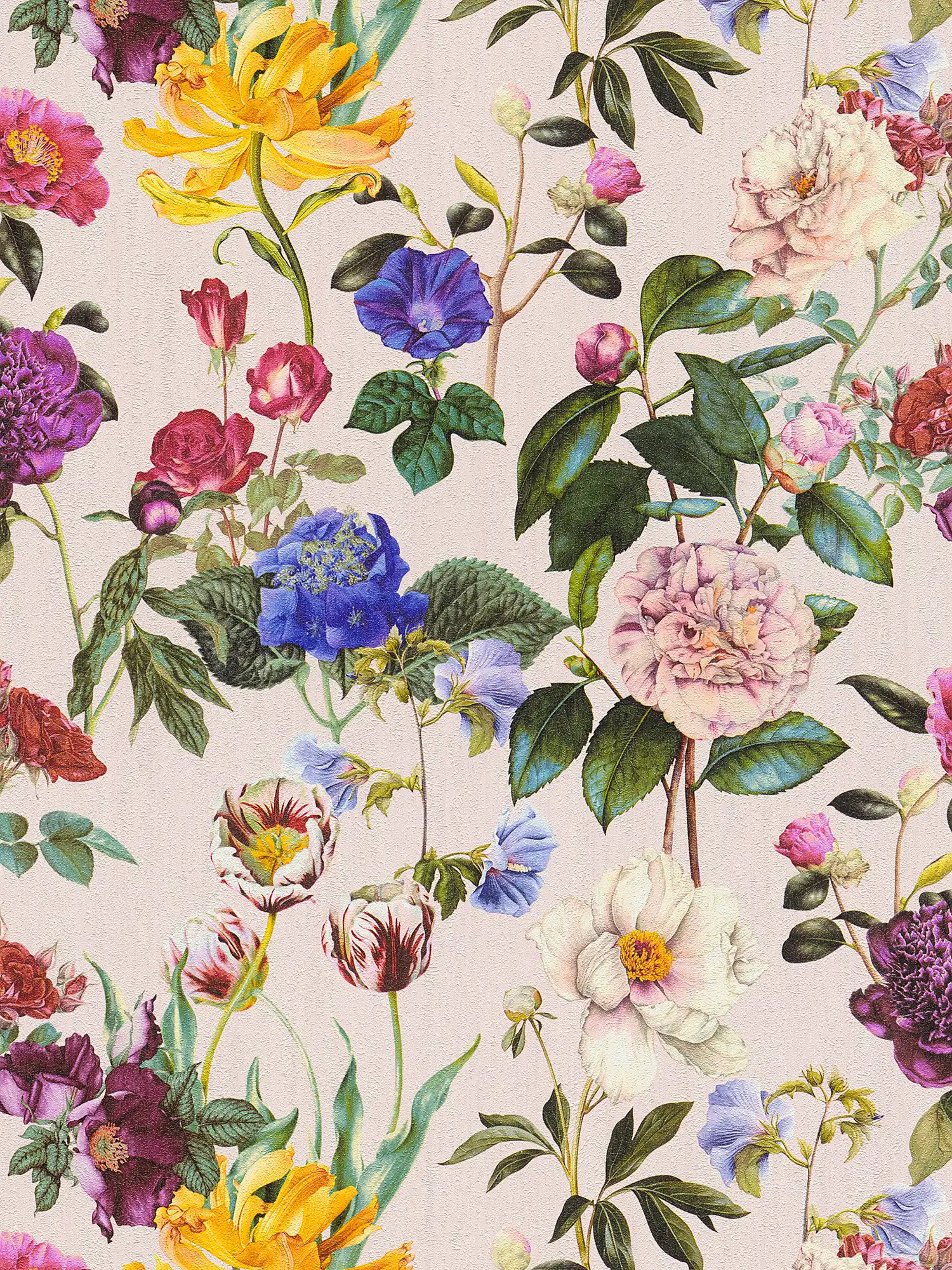         Floral wallpaper with flowers in bright colours - colourful, green, pink
    