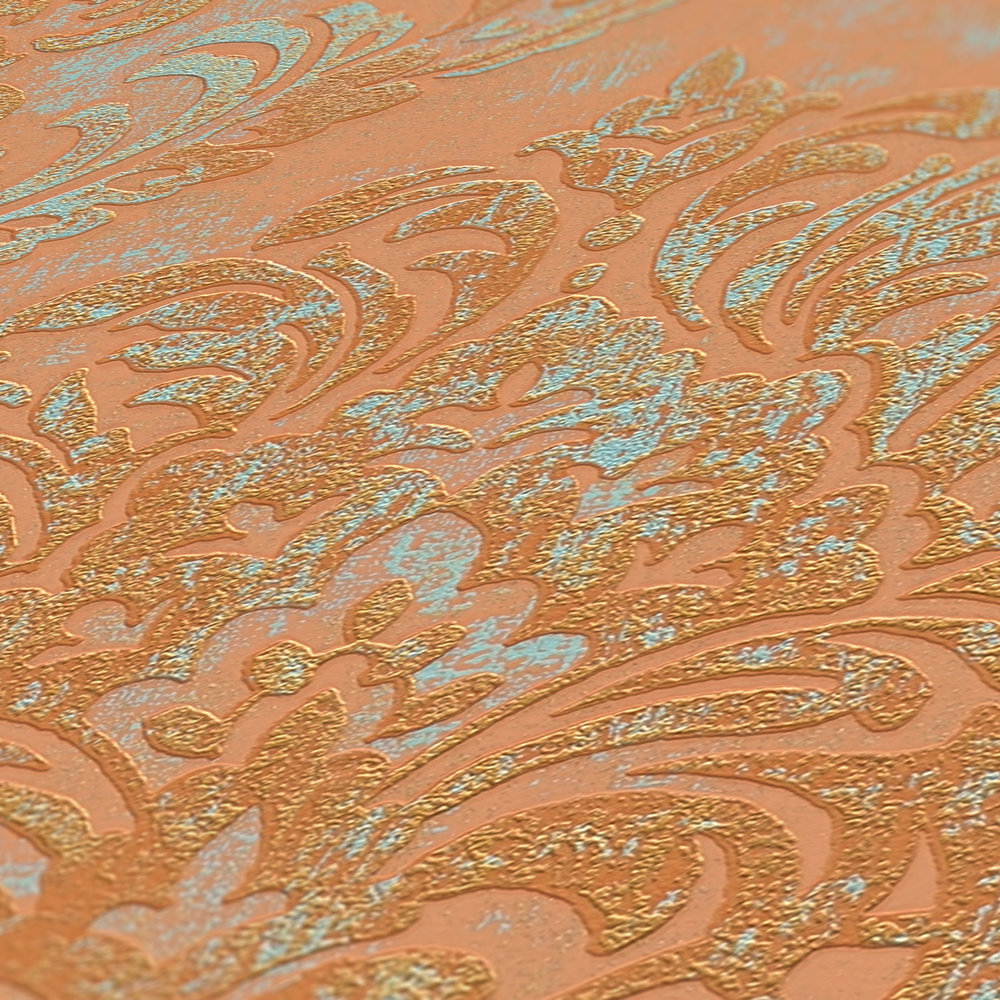             Metallic-look vliesbehang met ornament - oranje, roze, turkoois
        