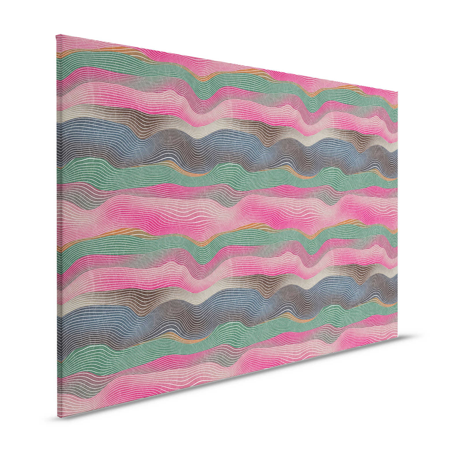 Spazio 1 - Quadro su tela con motivo a onde rosa e verde in stile retrò - 1,20 m x 0,80 m
