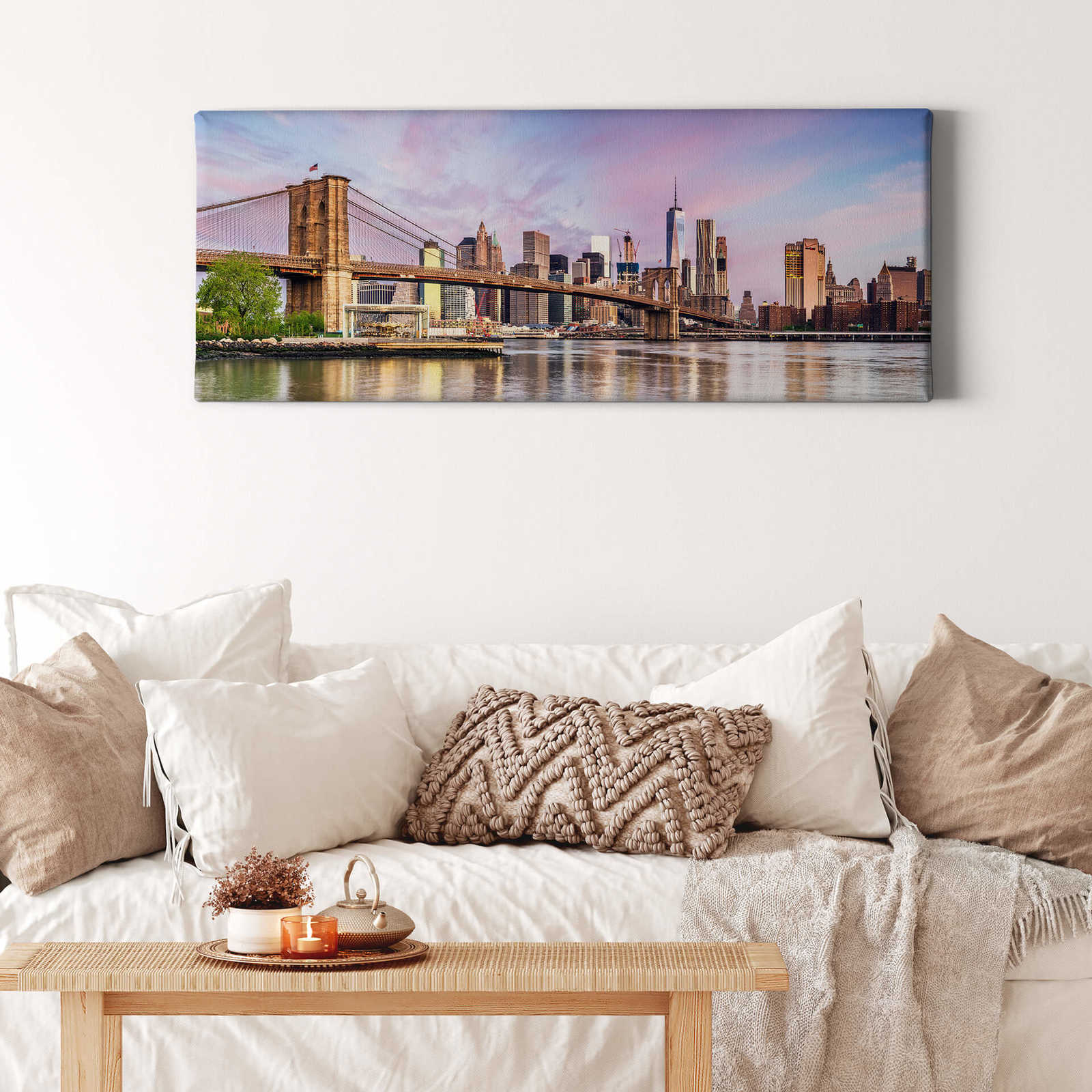             Panorama Canvas schilderij Manhattan Skyline en Brooklyn Bridge - 1,00 m x 0,40 m
        
