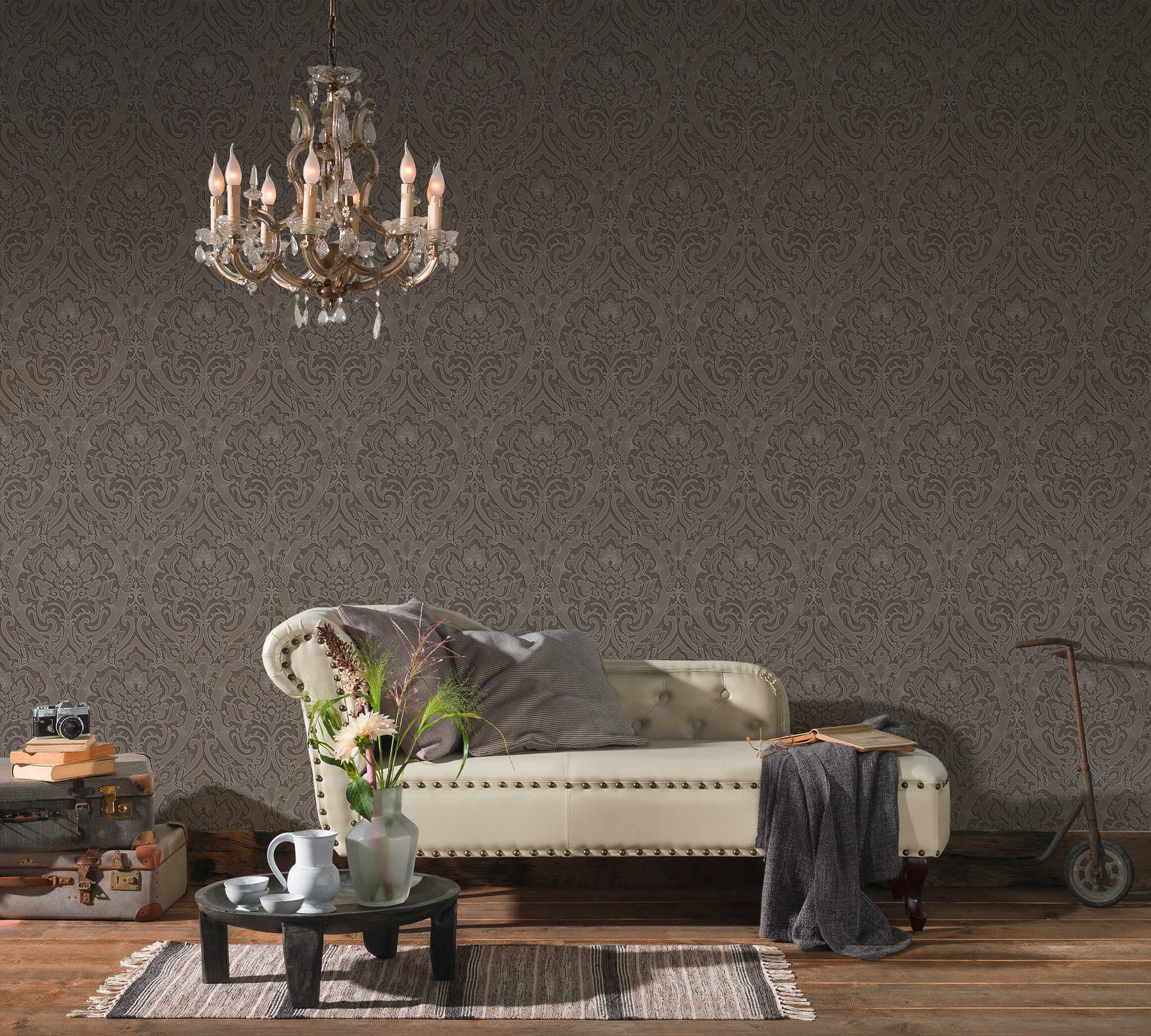             Ornament wallpaper with 3D design & texture pattern - Brown, Metallic
        