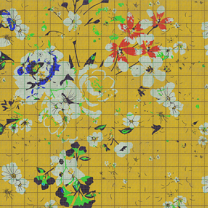 Flower plaid 1 - papier peint mosaïque de fleurs colorées jaune avec aspect quadrillé - bleu, jaune | nacre intissé lisse

