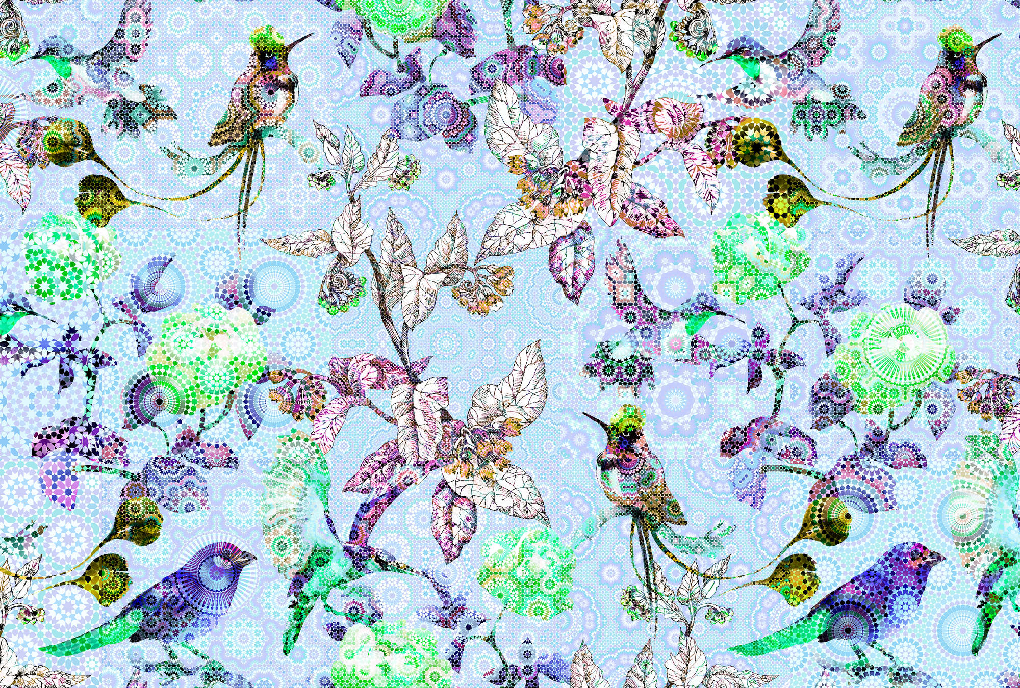             Carta da parati in stile mosaico Fiori e uccelli - Blu, verde
        