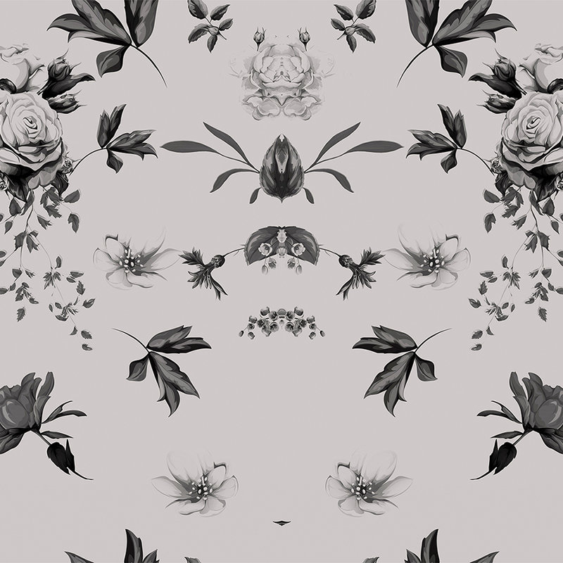 Papier peint panoramique roses & fleurs design miroir - gris, noir
