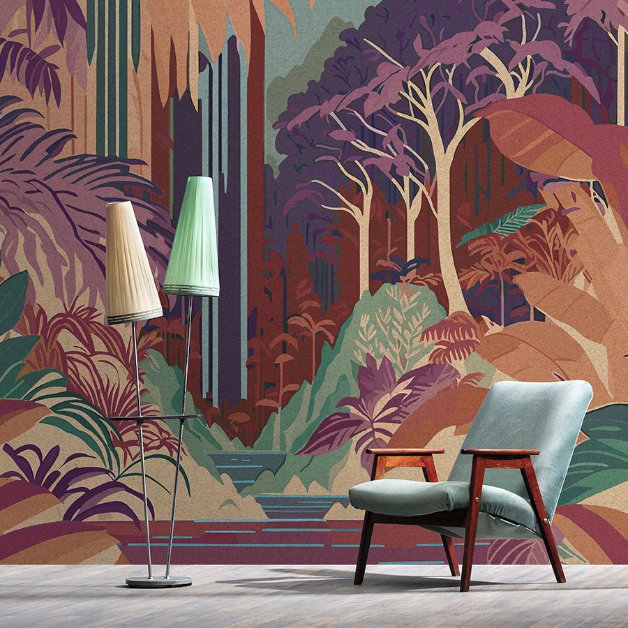 Digital behang »rhea« - Abstract jungle-motief met kraftpapiertextuur - Gladde, licht parelmoerachtige vliesstof

