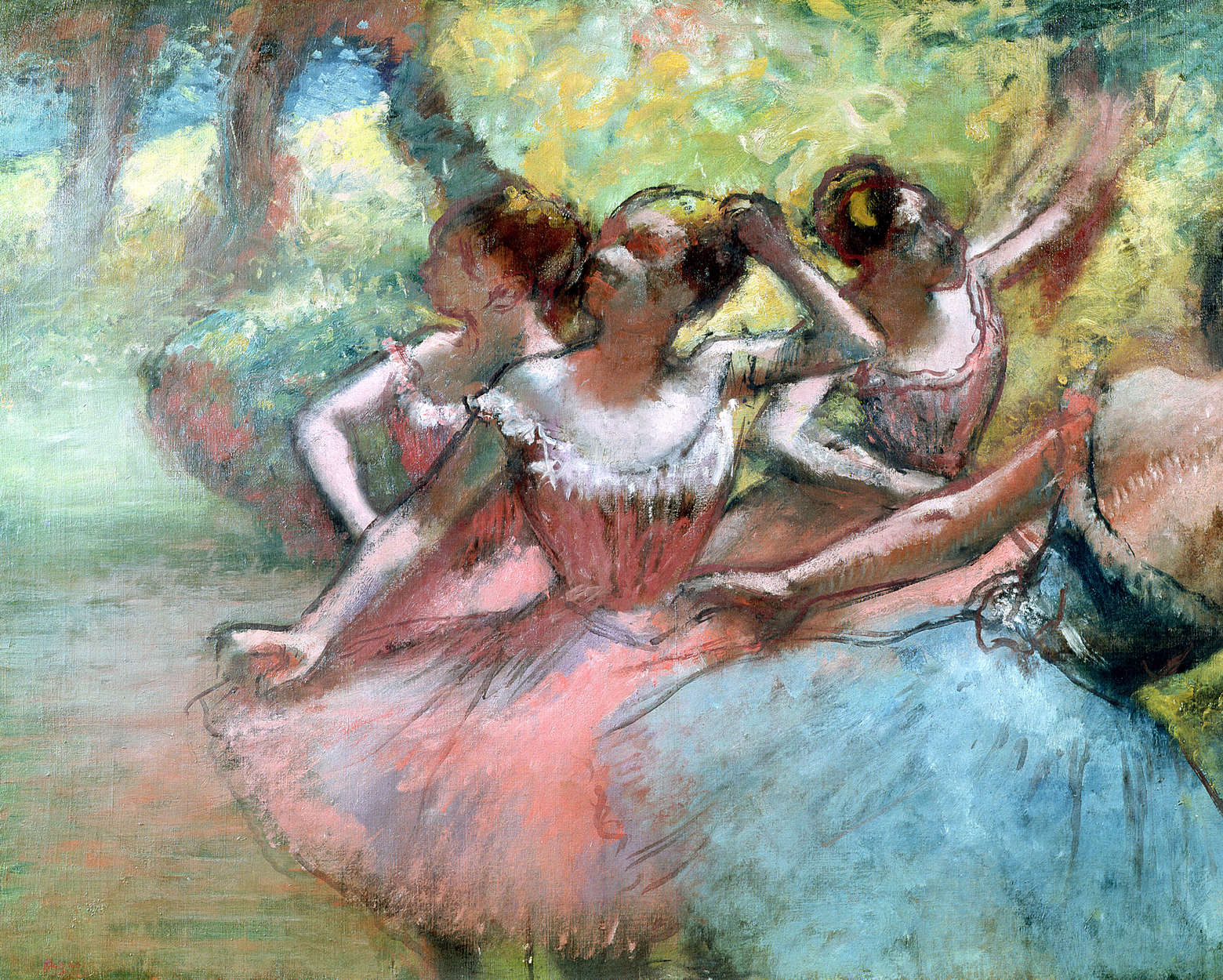             Vier ballerina's op het toneel" muurschildering van Hilaire Degas
        