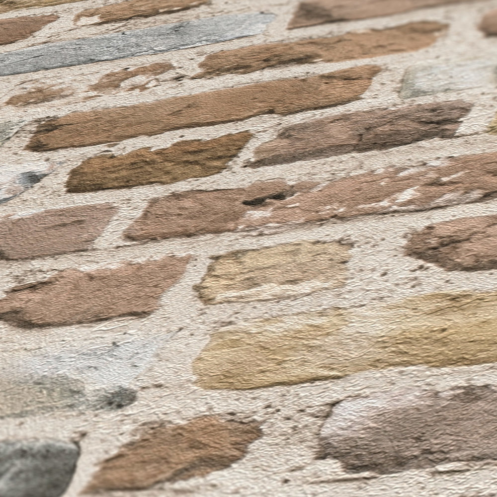             Carta da parati in pietra marrone con ottica per pareti in mattoni - Marrone, grigio
        