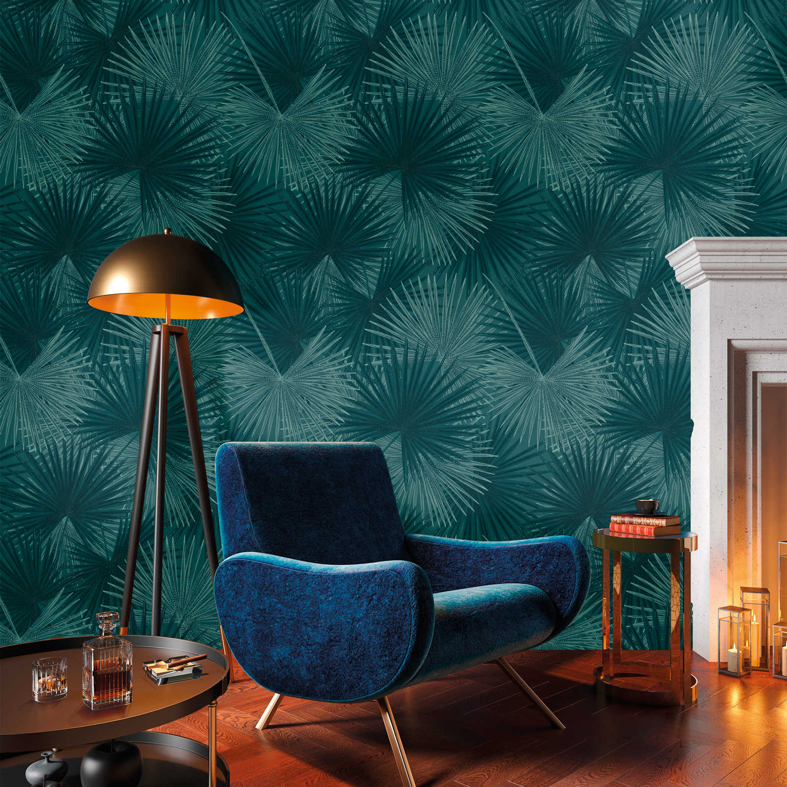 Leaf wallpaper with tropical plants - petrol
