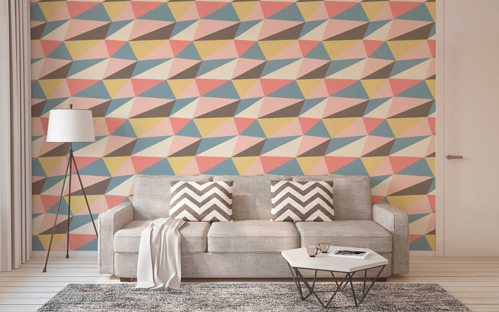             Non-woven wallpaper with colour block design - blue, yellow, pink
        