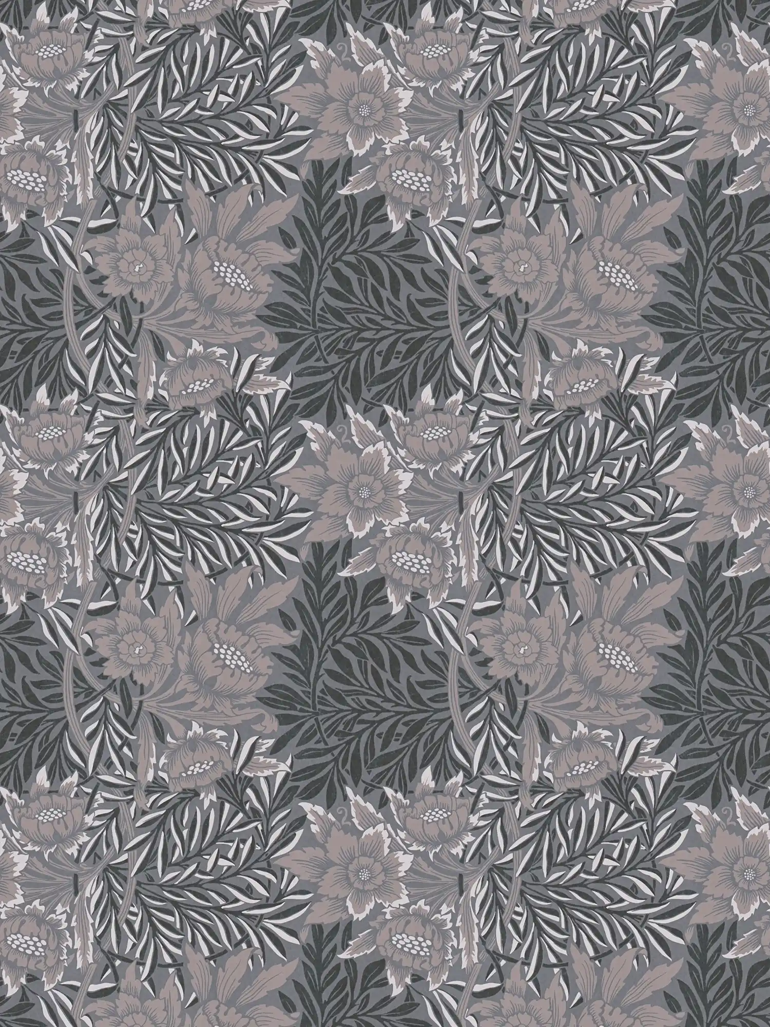 Papier peint floral avec grande fleur et rinceaux de feuilles - gris, beige, noir
