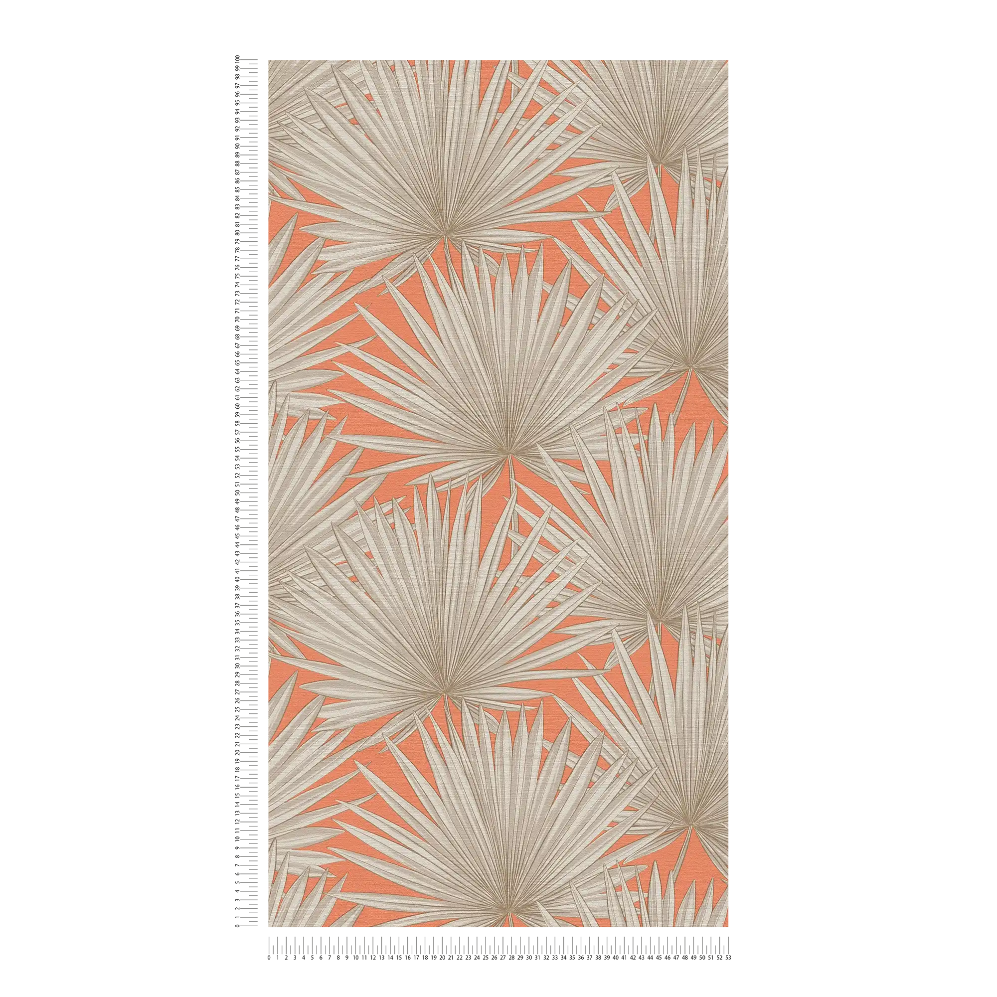             Non-woven wallpaper with tropical leaves - orange, greige, white
        