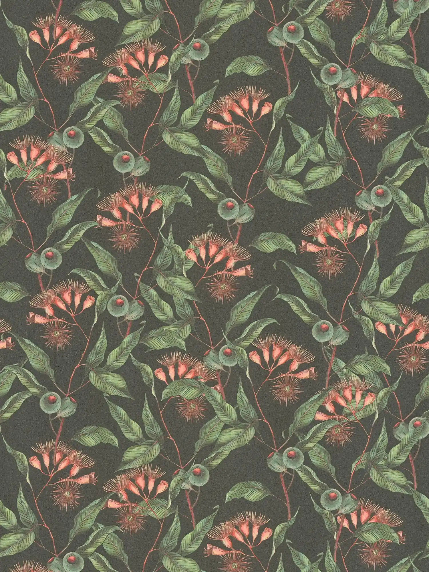 Floral wallpaper modern with leaves & flowers textured matt - black, green, red
