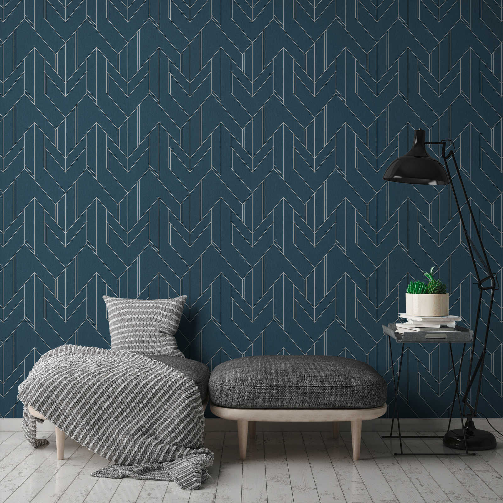             Dark blue wallpaper with silver graphic pattern & glossy effect - blue, metallic
        