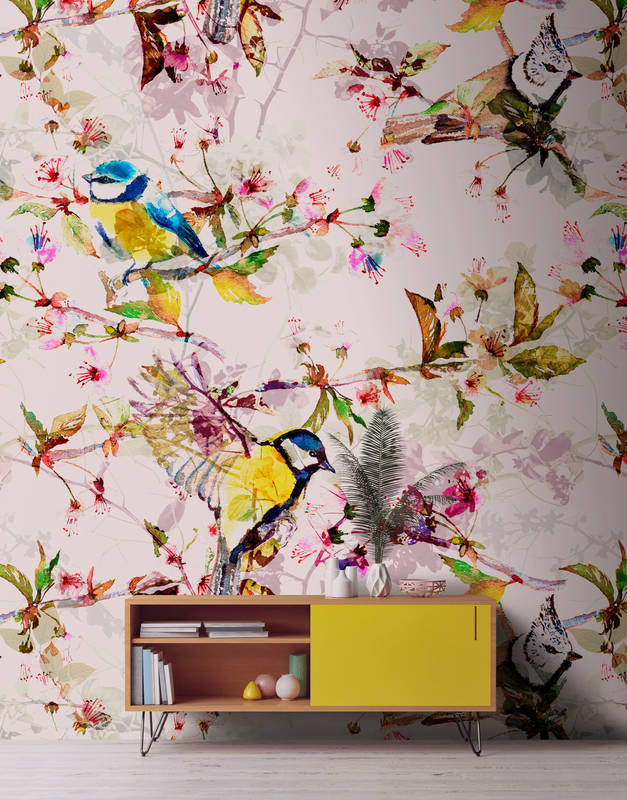             Birds collage style mural - pink, yellow
        