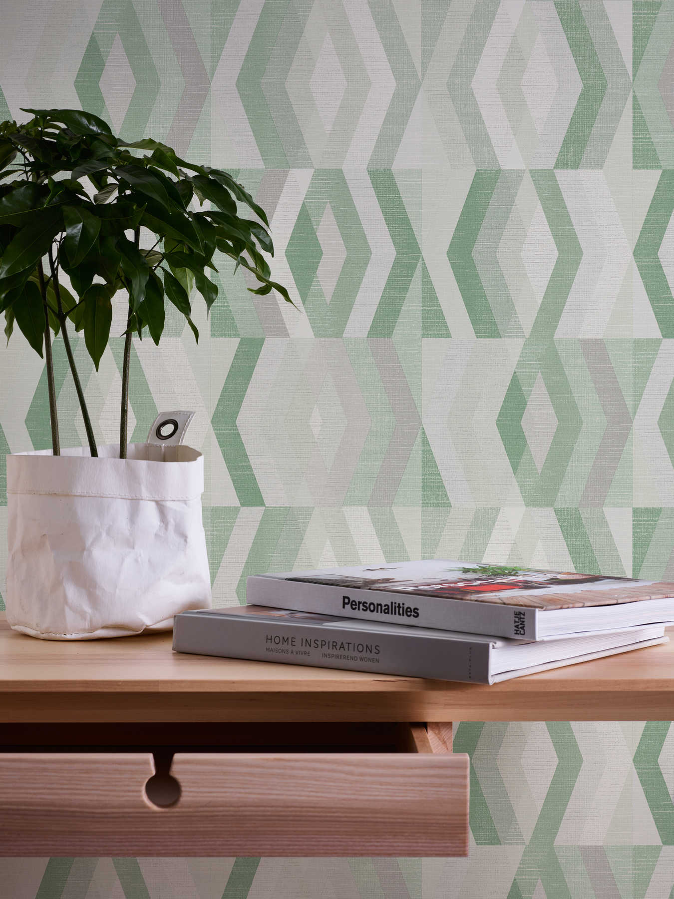             Papier peint style scandinave à motifs géométriques - vert, gris
        