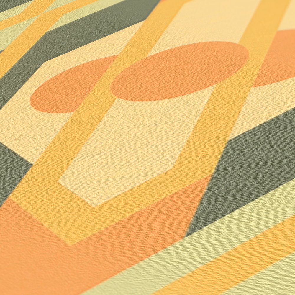             Geometric ornaments in retro style on non-woven wallpaper - green, yellow, orange
        