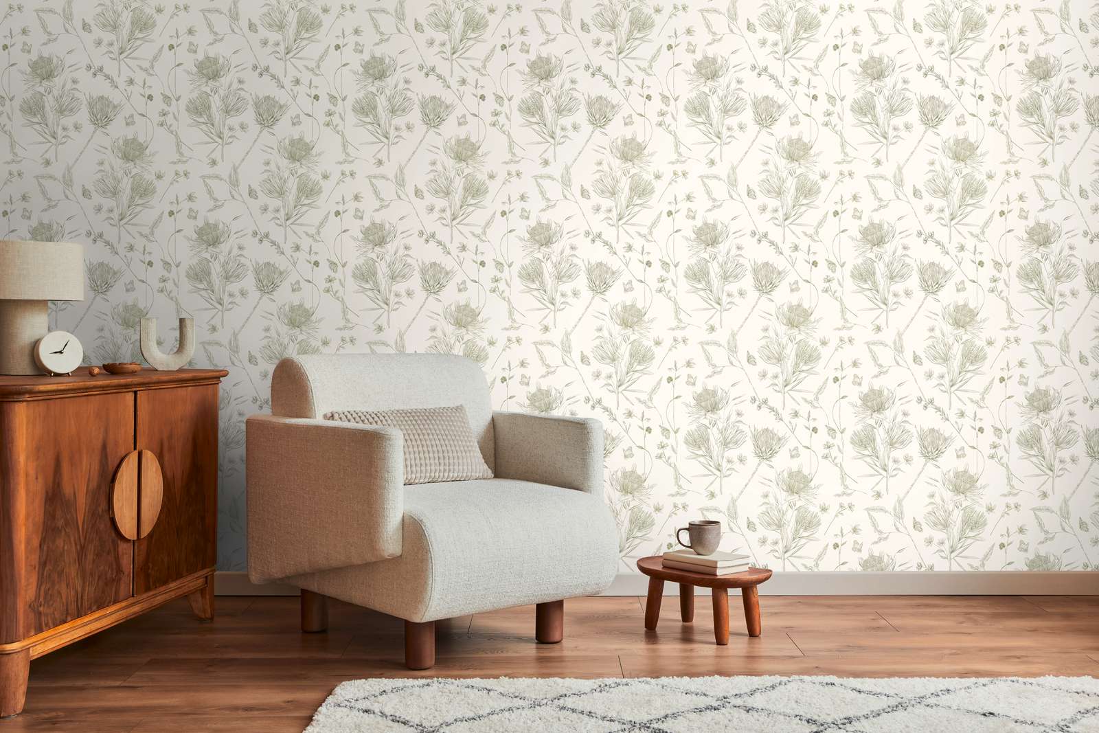             wallpaper floral with flowers & butterflies textured matt - white, green
        