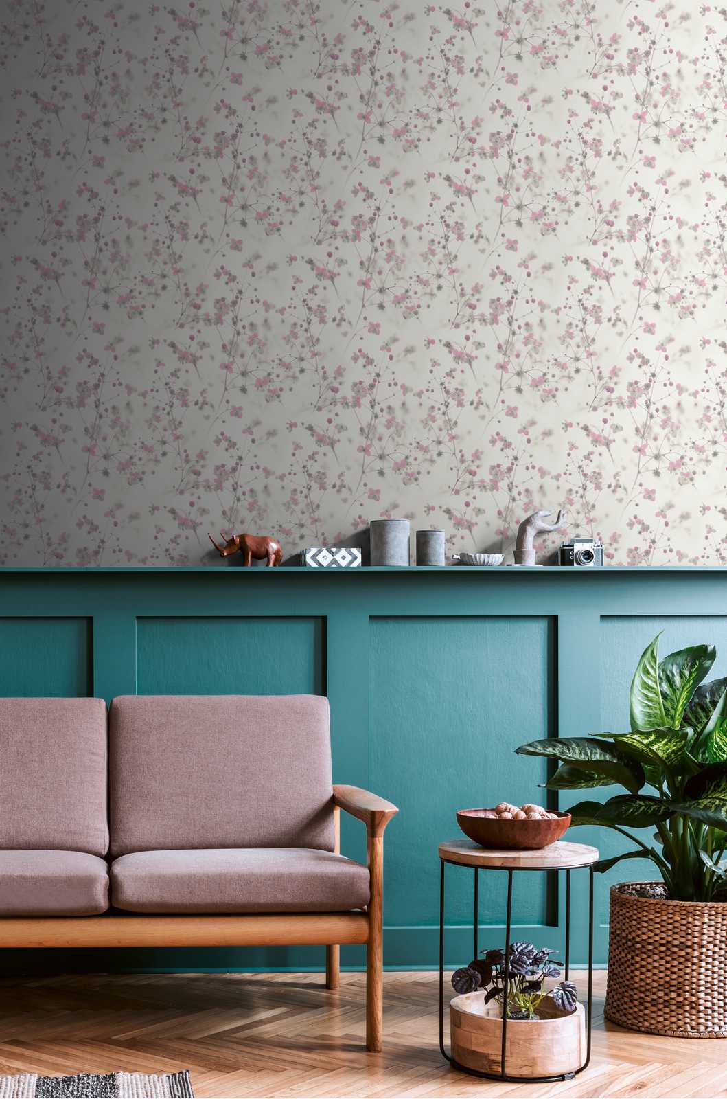            Modern country house wallpaper floral pattern - grey, pink
        