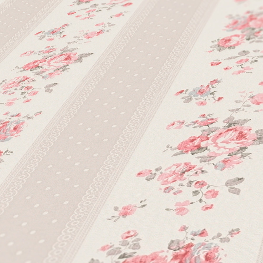             Papier peint style shabby chic à rayures florales et à pois - gris, blanc, rouge
        