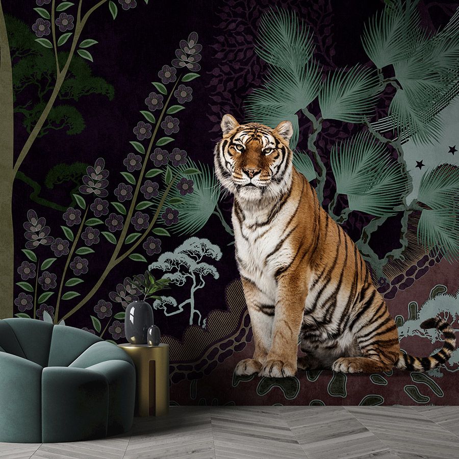 Digital behang »khan« - Abstract jungle-motief met tijger - Gladde, licht parelmoerachtige vliesstof
