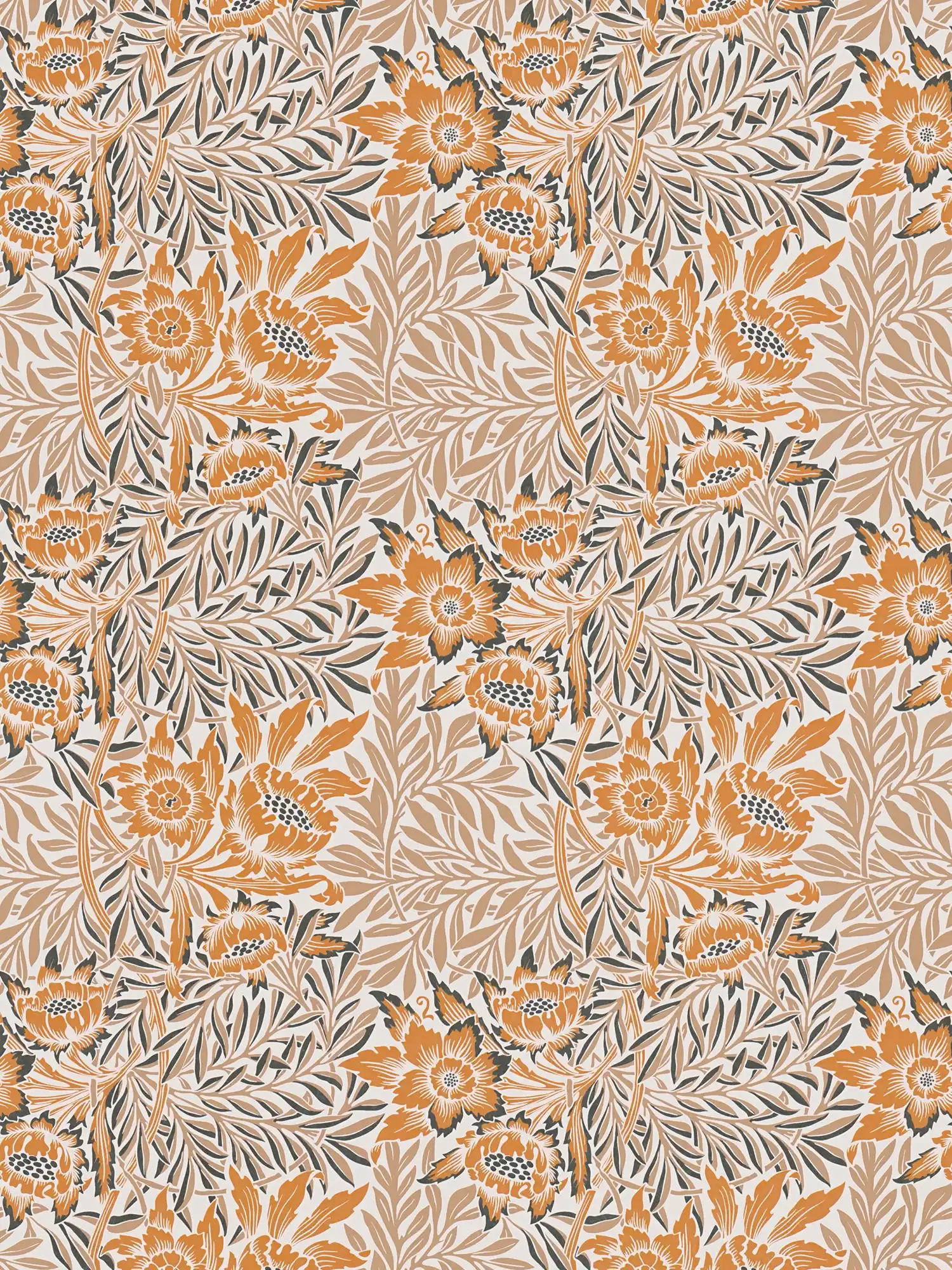 Non-woven wallpaper with flowers and leaf tendrils - orange, beige, white
