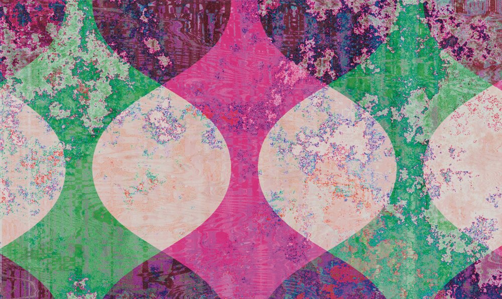             Garland 1 - Papier peint rétro des années 70 - Vert, Rose | Nacré intissé lisse
        