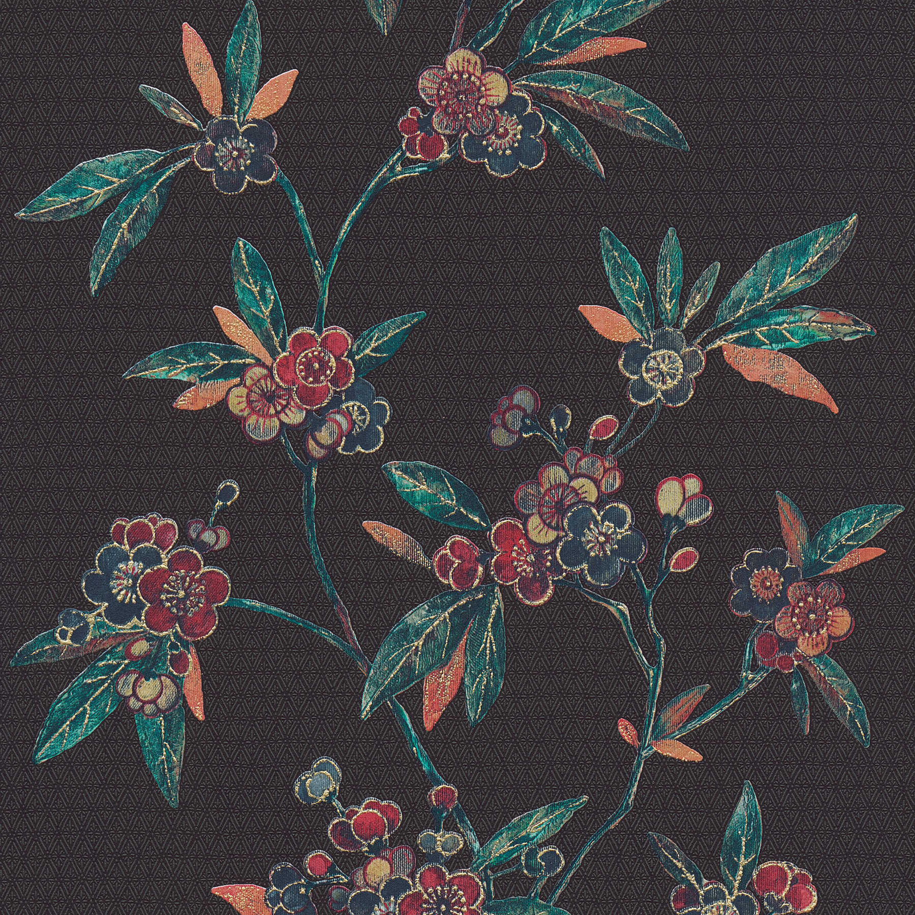 Papier peint floral avec rinceaux de fleurs dans le style asiatique - noir, vert, rouge
