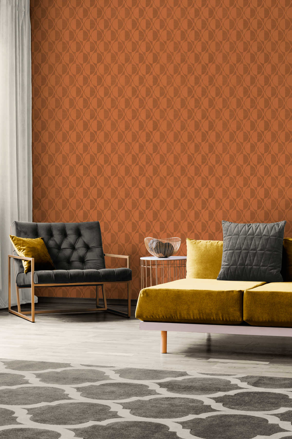             Retro wallpaper with circle and diamond pattern - orange, black
        