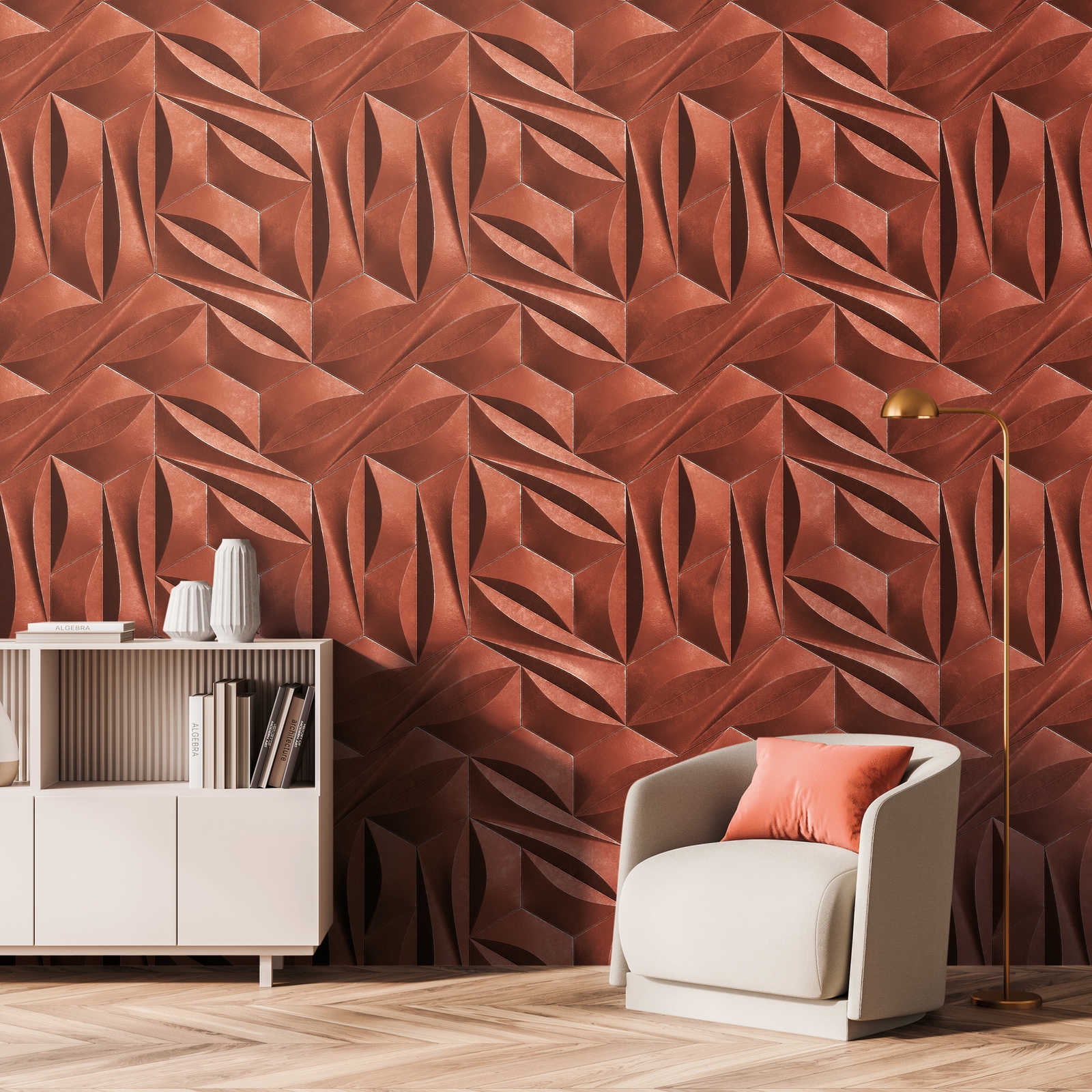 3D optics pattern wallpaper with metal look - red, white
