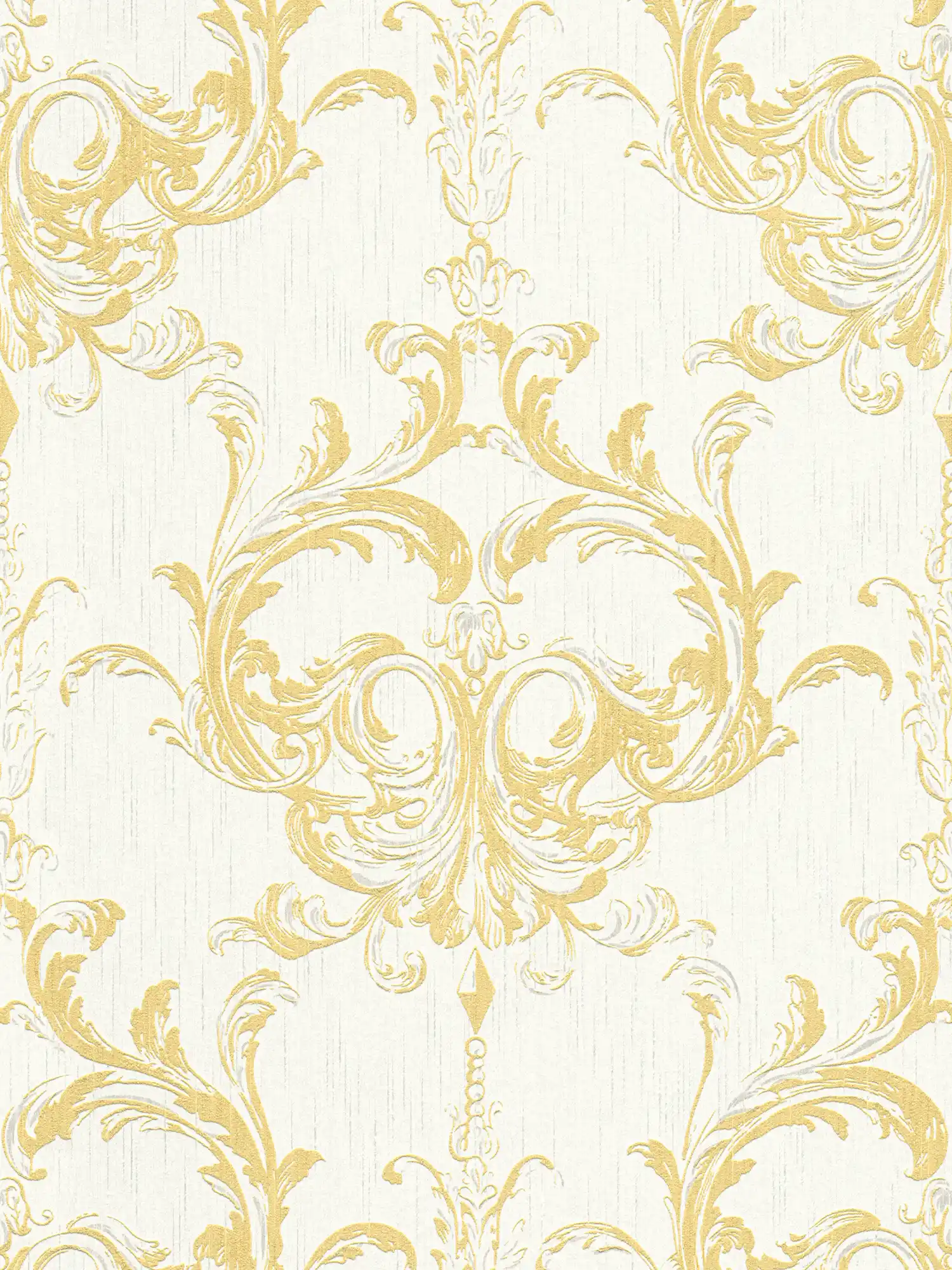 Non-woven wallpaper historical ornament design with texture effect - gold, white
