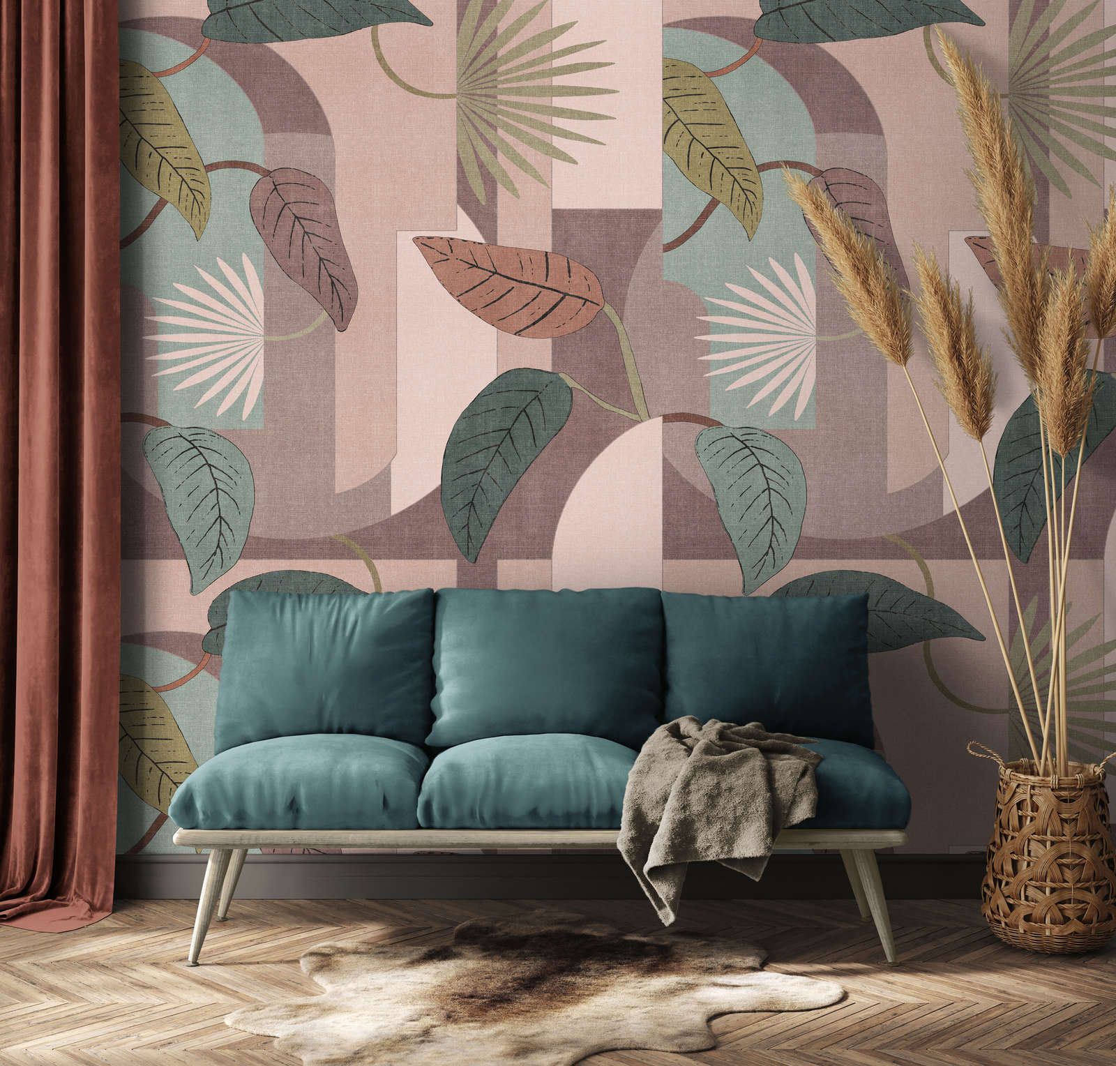             Papier peint intissé avec motif floral de feuilles et formes abstraites - rose, turquoise, beige
        