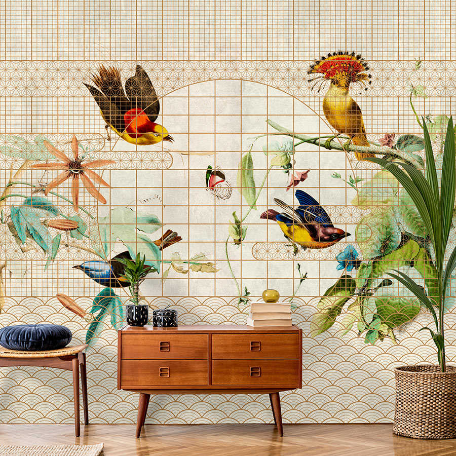 Pajarera 1 - Mural de aves y mariposas en pajarera dorada
