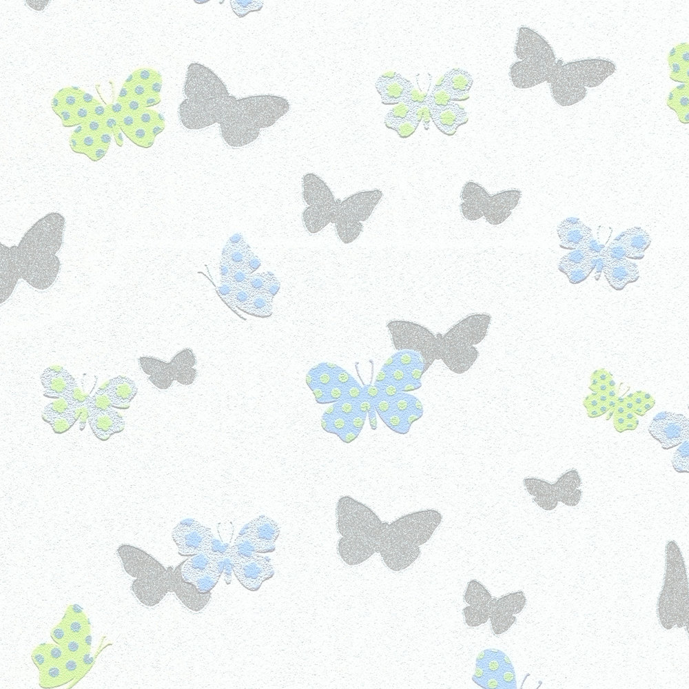             Papel pintado de mariposa para niños - blanco, azul, gris
        