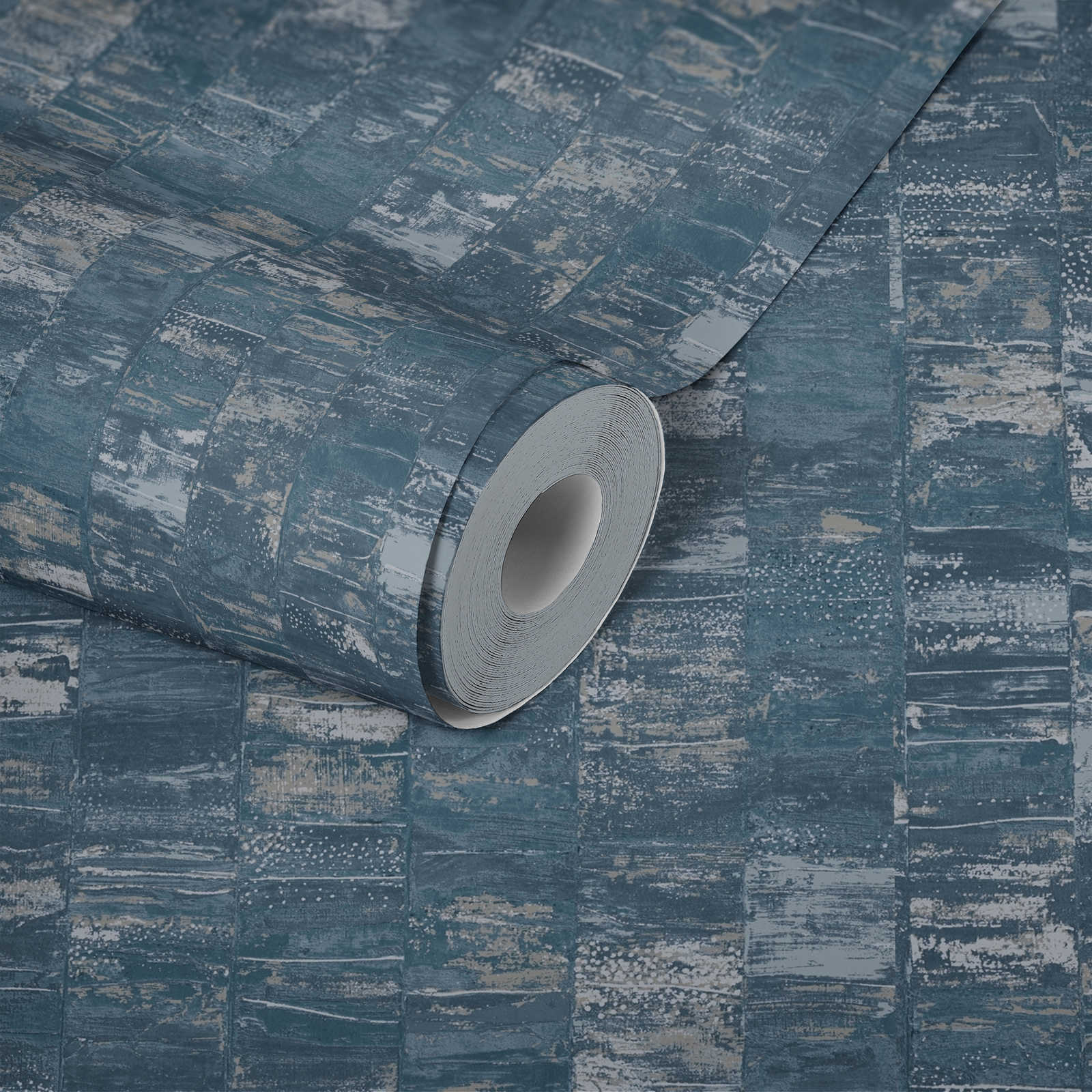             Carta da parati in tessuto non tessuto color petrolio con disegno della struttura in look used - blu, grigio
        