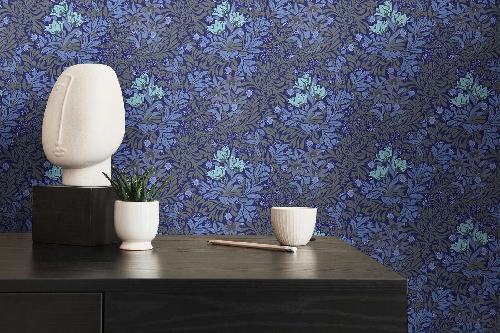             Floral non-woven wallpaper with leaf tendrils and flowers - blue, grey, green
        