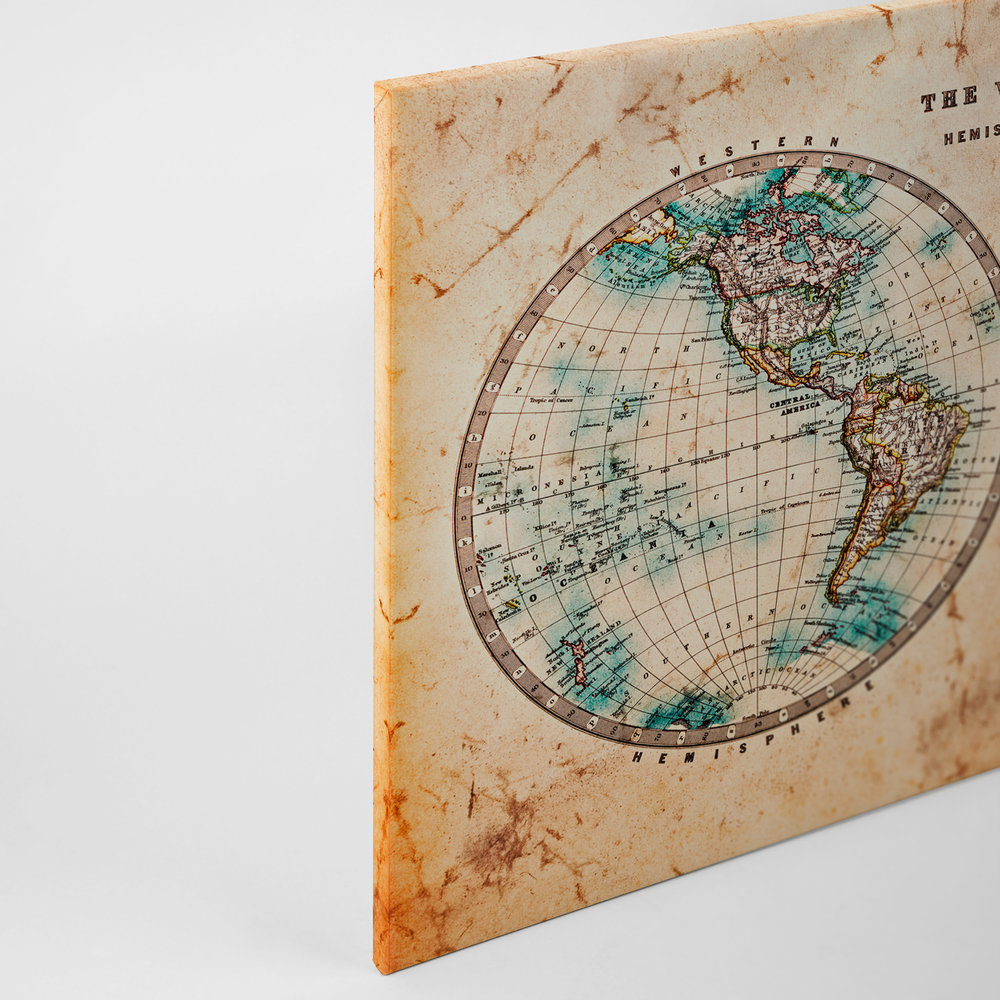             Lienzo con mapamundi vintage en hemisferios | marrón, beige, azul - 0,90 m x 0,60 m
        