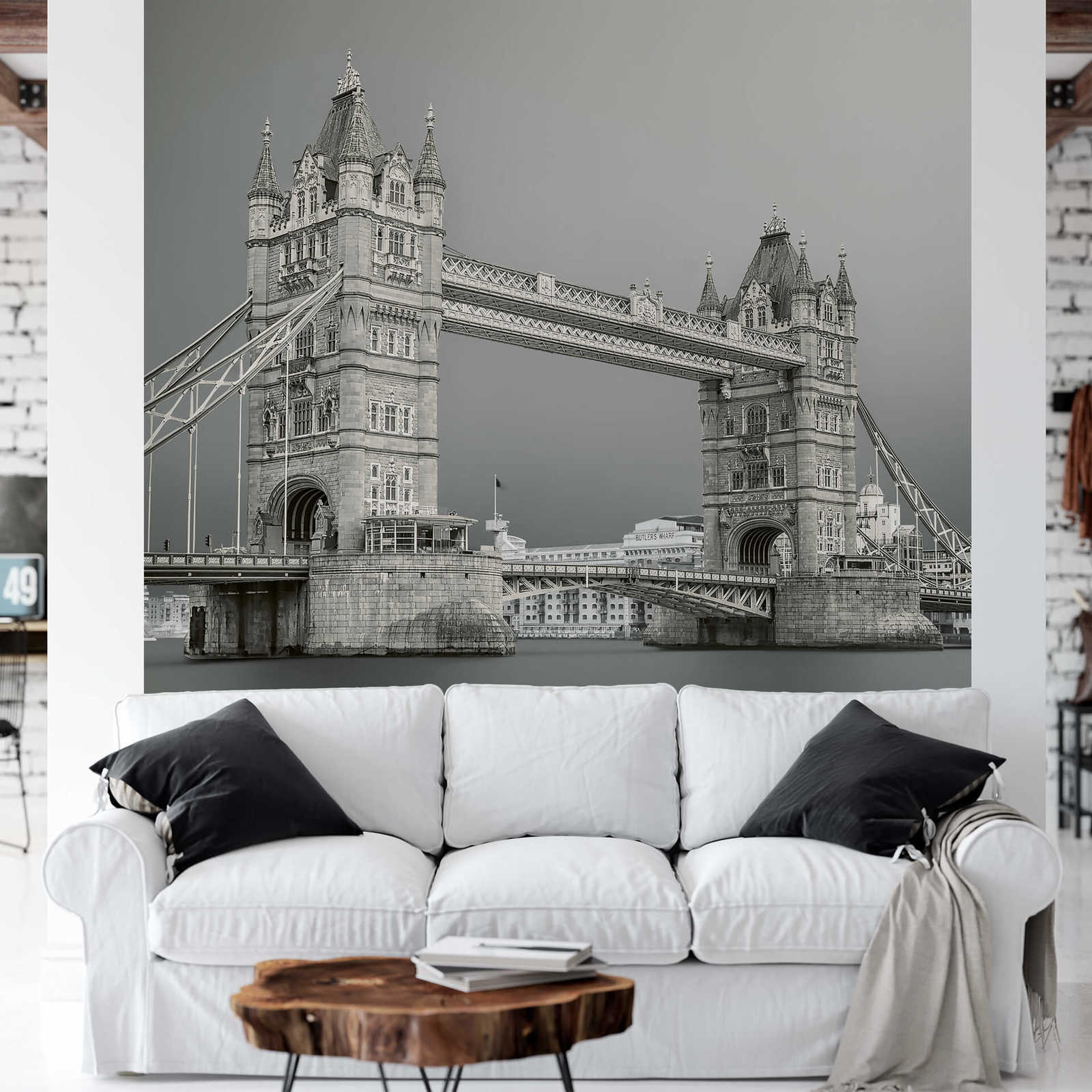             Muurschildering Londen Tower Bridge - Grijs, Wit, Zwart
        