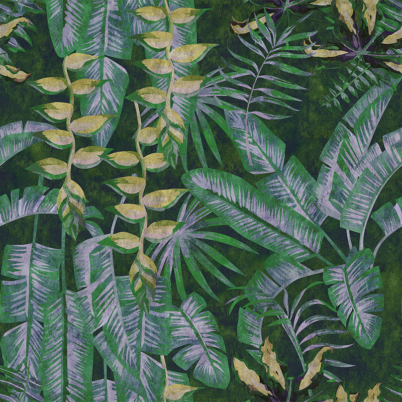Tropicana 2 - Carta da parati con stampa digitale di piante tropicali con struttura in carta assorbente - giallo, verde | vello liscio madreperlato
