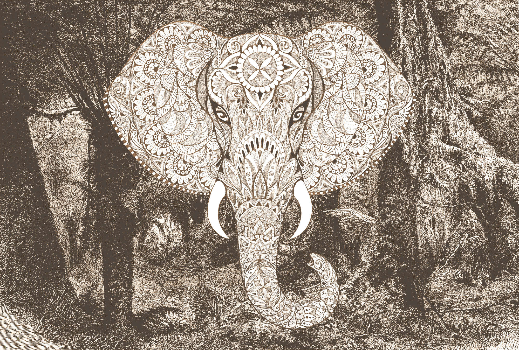             Papier peint panoramique Eléphant style boho, motif jungle en sépia - beige, gris, blanc
        