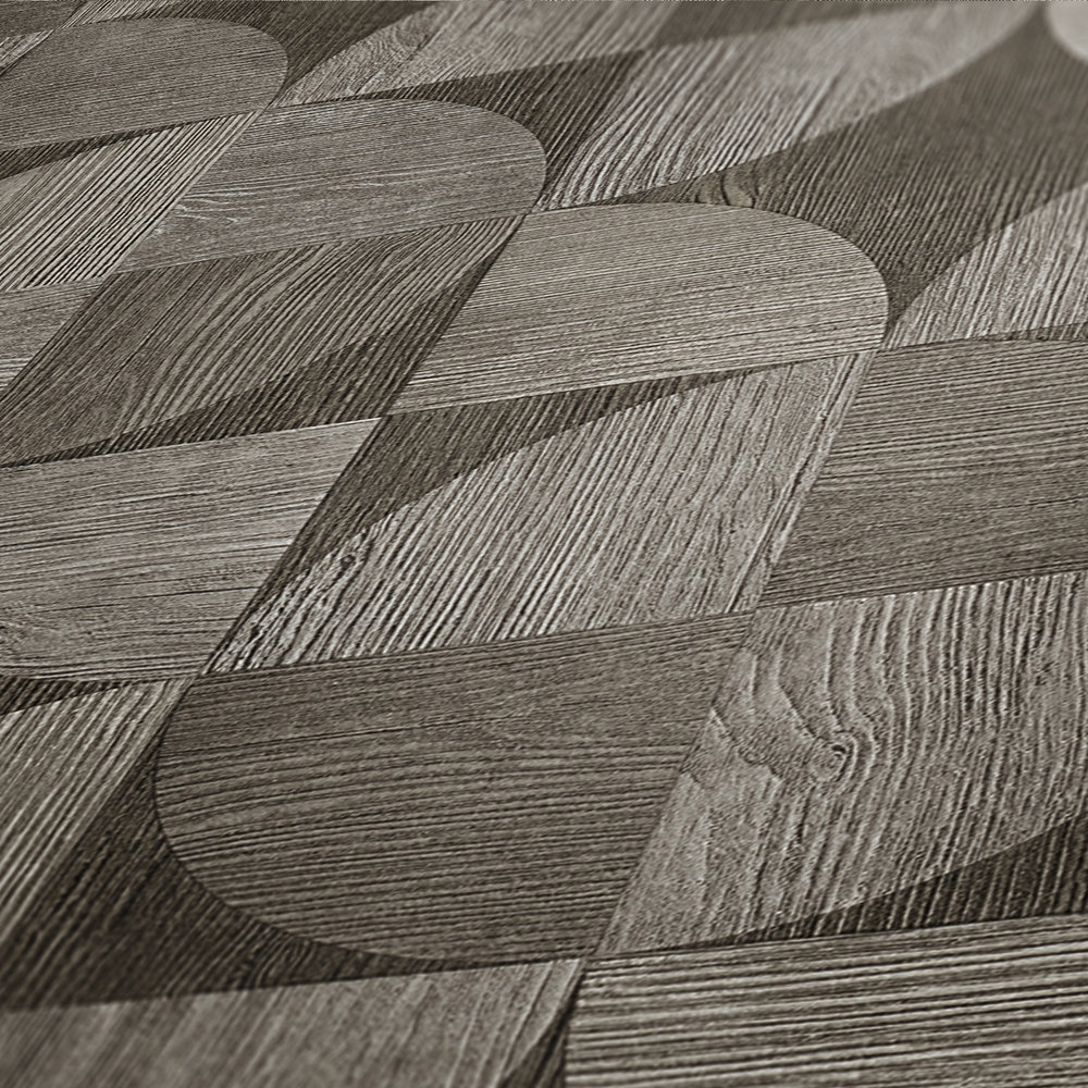             Wallpaper with graphic pattern in wood look - grey, brown
        