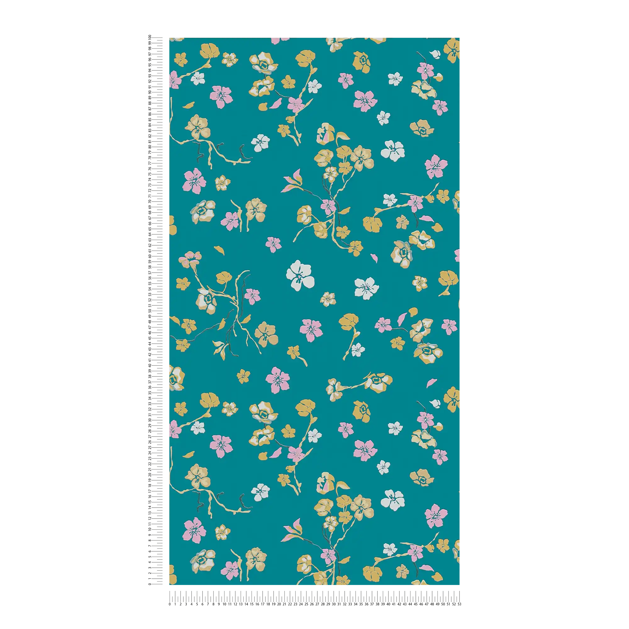             Floral wallpaper in country style with gloss - turquoise, yellow, pink
        