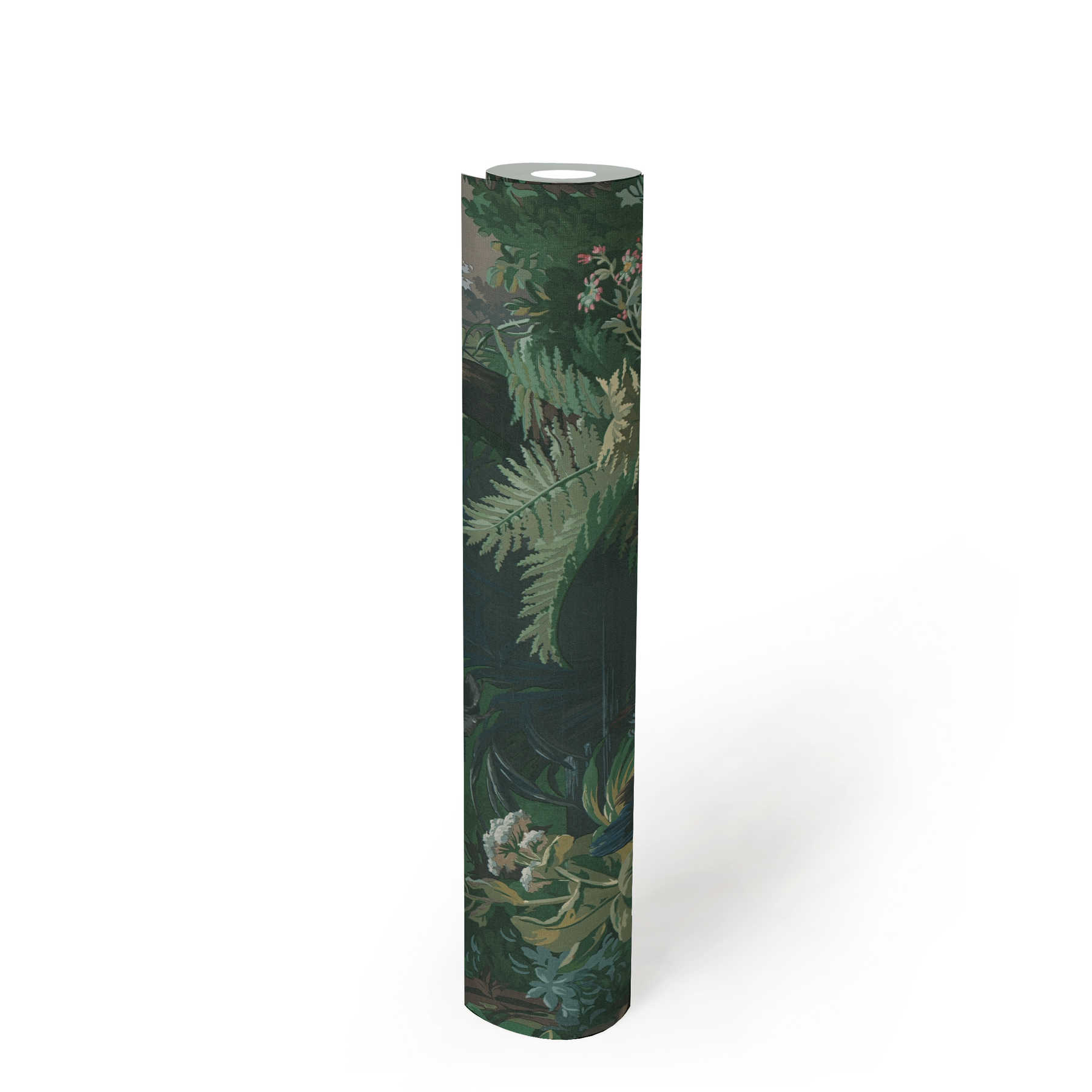             Papier peint motif chasse, forêt & canards - vert, bleu, rose
        