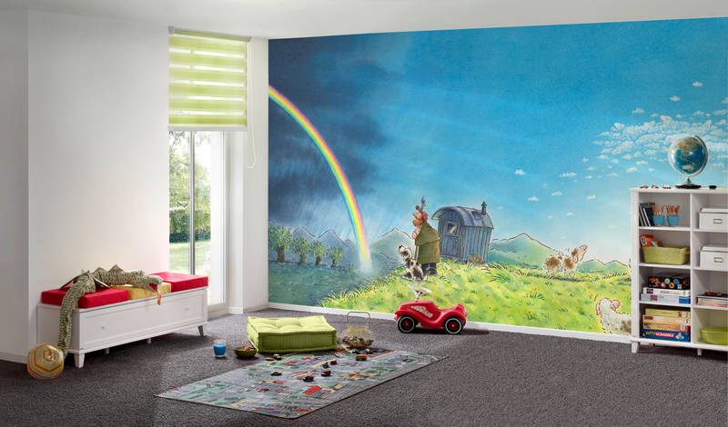             Mural infantil Pastor con perro y arco iris sobre vellón texturizado
        