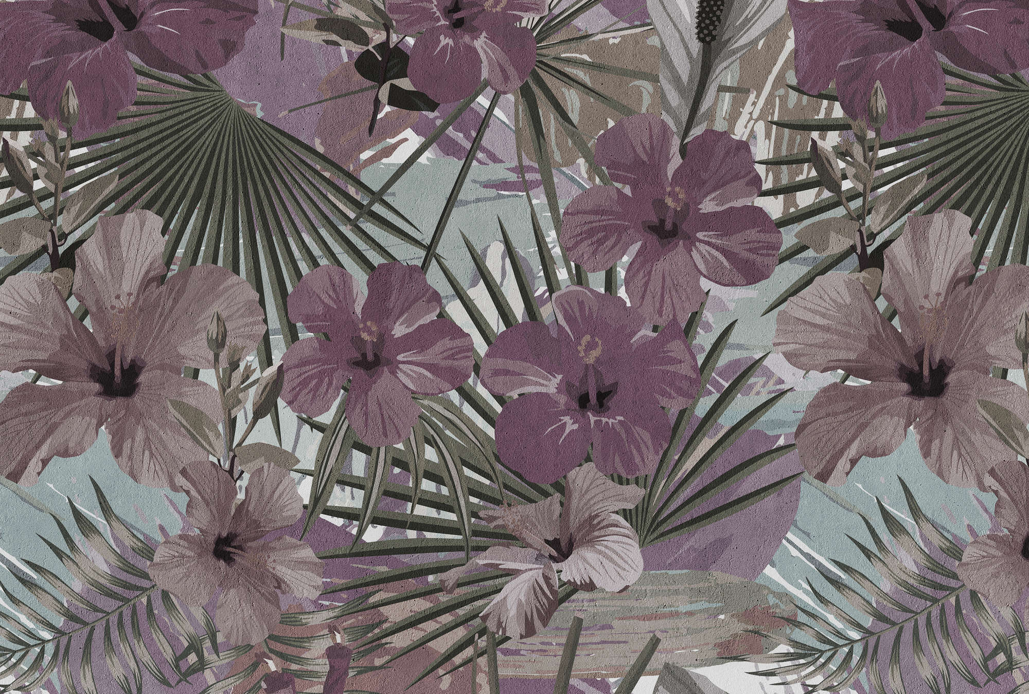             Papier peint jungle palmiers et fleurs - violet, vert
        