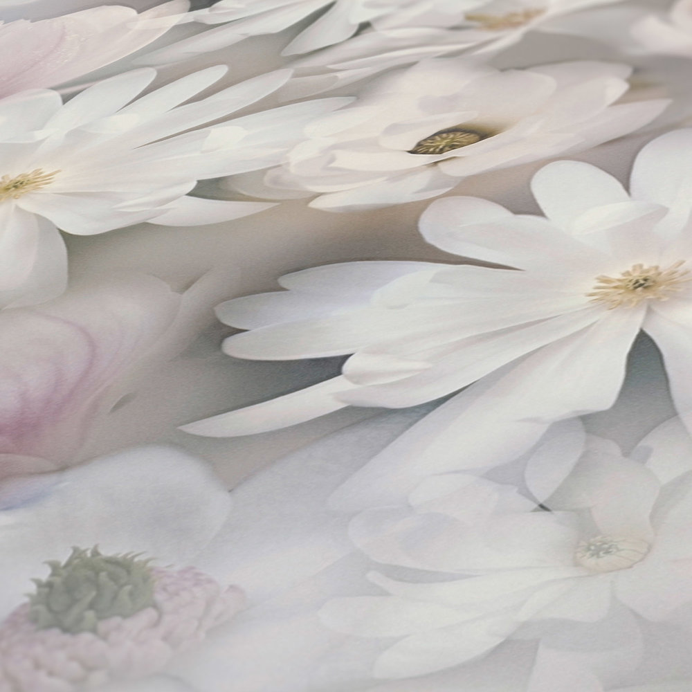            Behang bloemen collage in lichte kleuren - grijs, wit
        