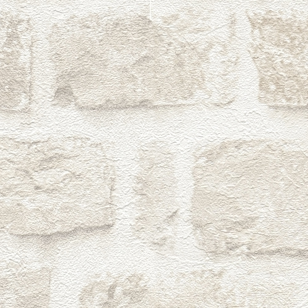             Papier peint intissé imitation pierre sans PVC - beige, blanc
        
