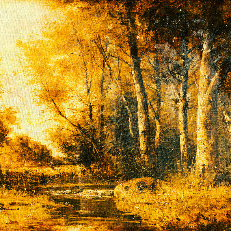 Papel pintado de paisaje, bosque y río de estilo artístico - Amarillo, naranja, negro
