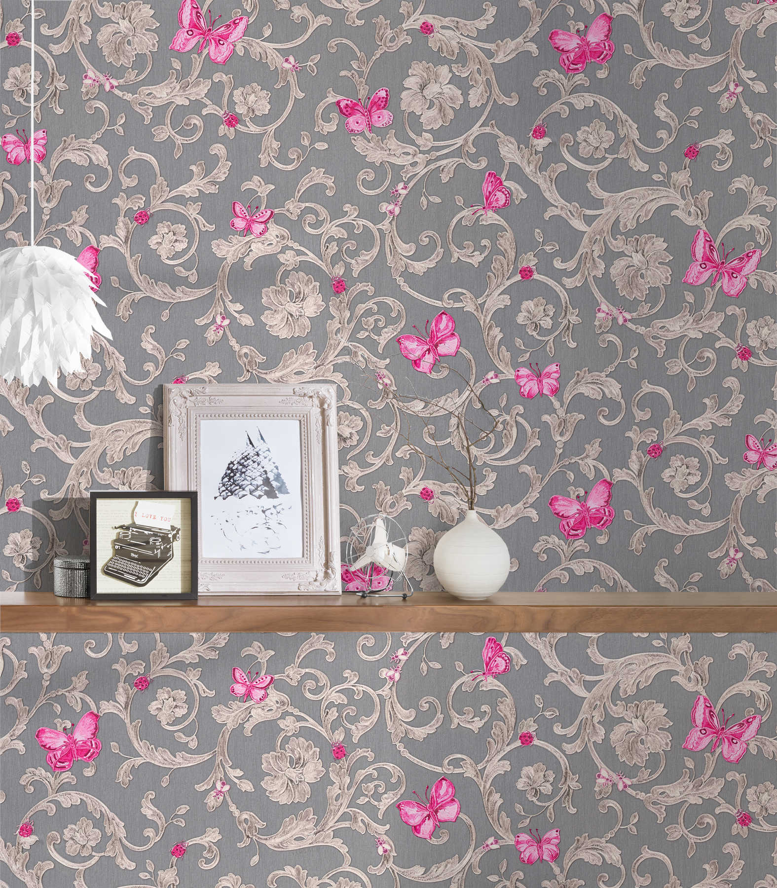             VERSACE wallpaper with butterflies & ornaments - grey, purple
        