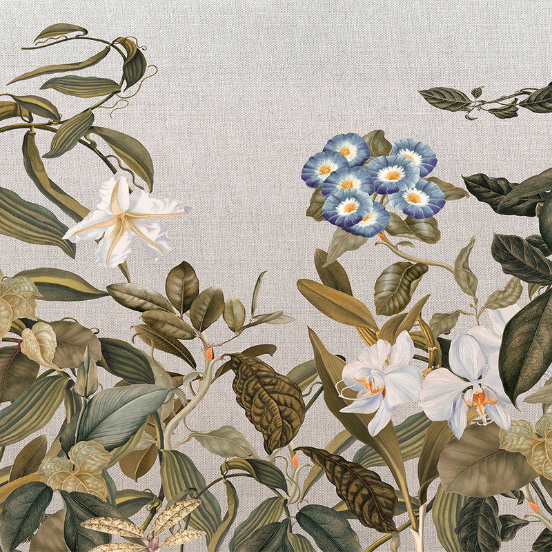 Muurschildering Botanische Stijl Bloemen, Bladeren & Textiel Look - Groen, Grijs, Blauw
